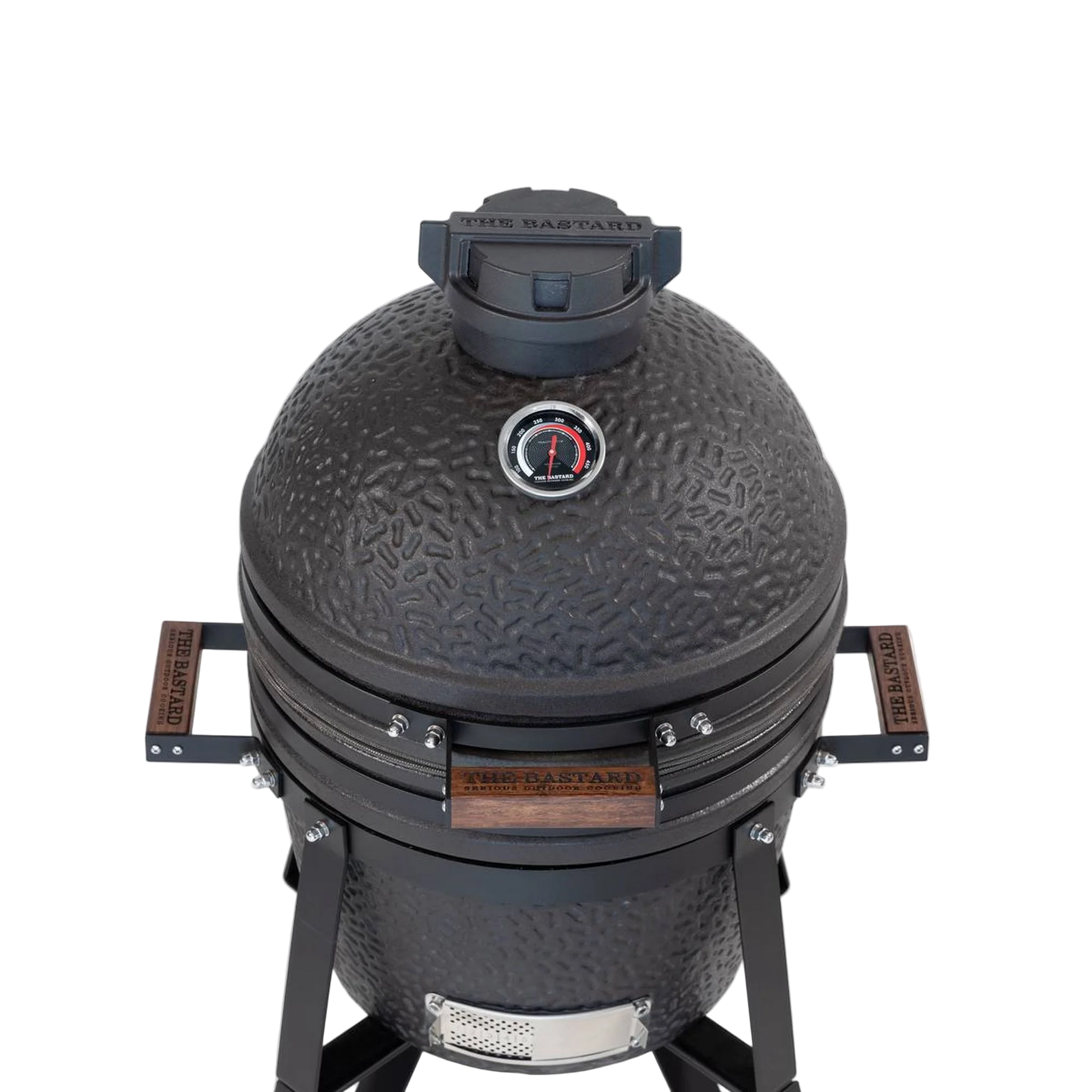 Black kamado grill with wooden accents on a white background
