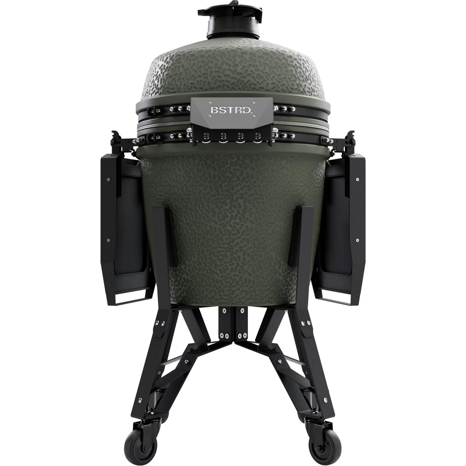 Green ceramic grill with black stand on a white background