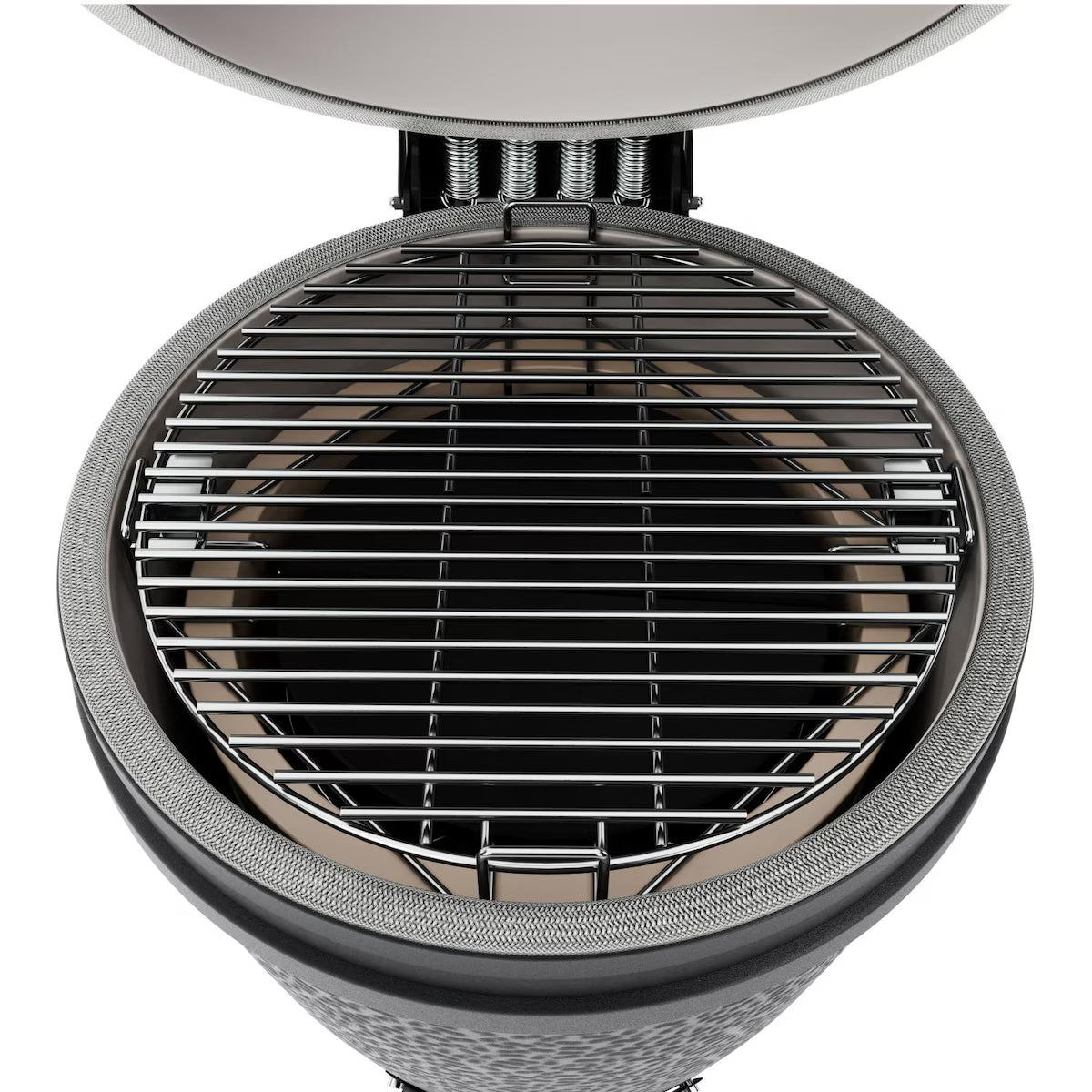 Close-up of a portable grill with a metallic finish on a white background
