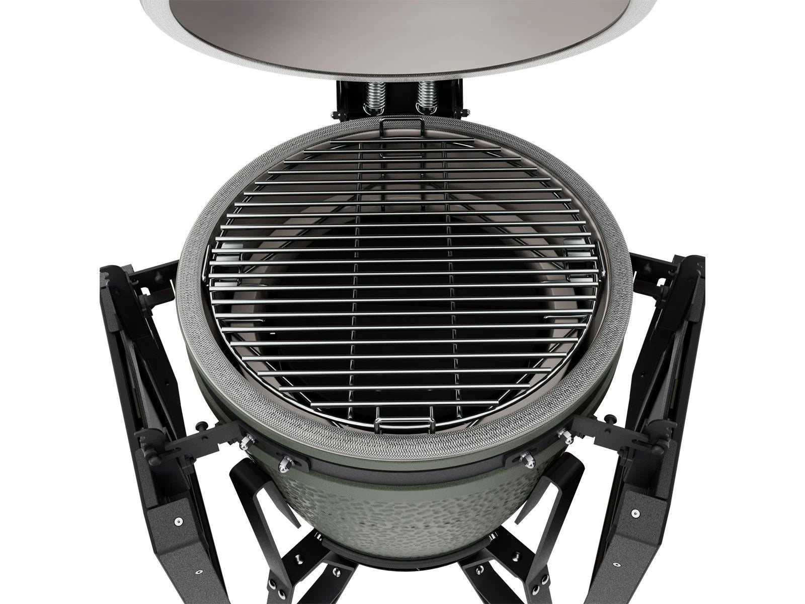Portable grill with a round cooking surface on a white background