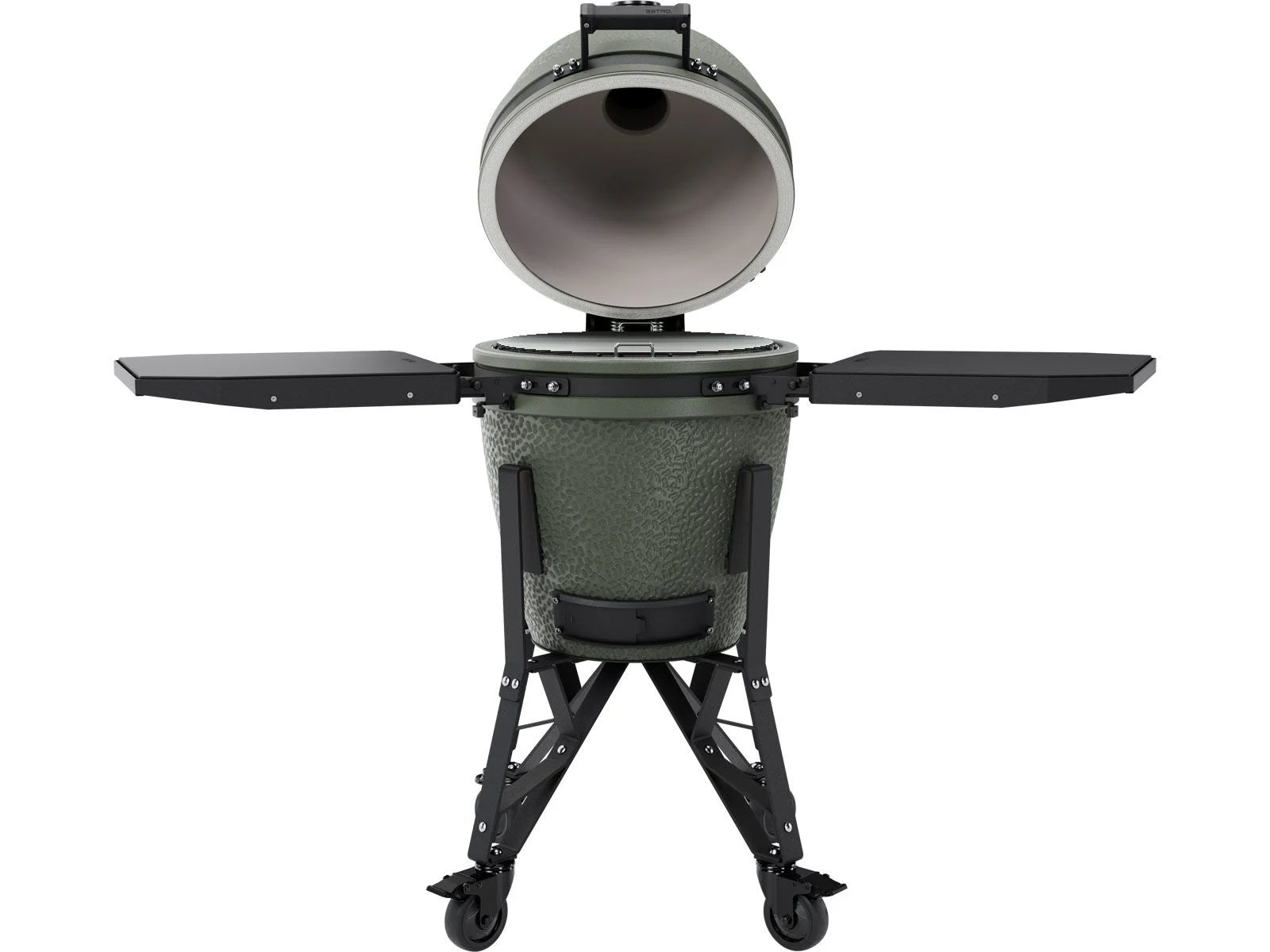 Green ceramic barbecue grill with wheels on a white background