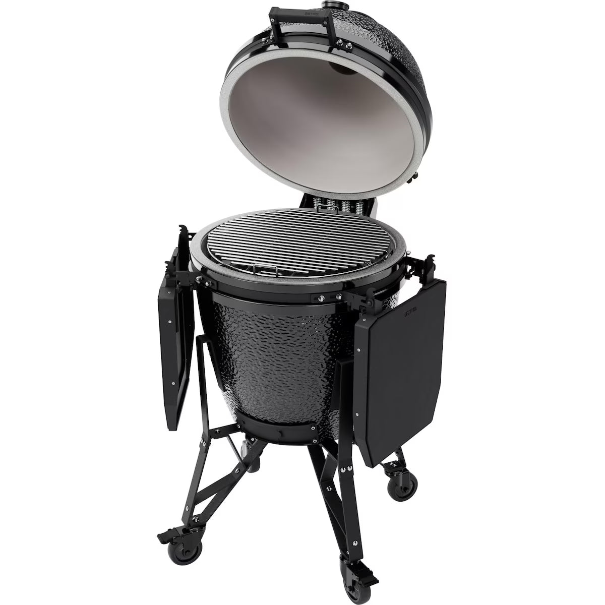 Black ceramic Kamado grill on a white background