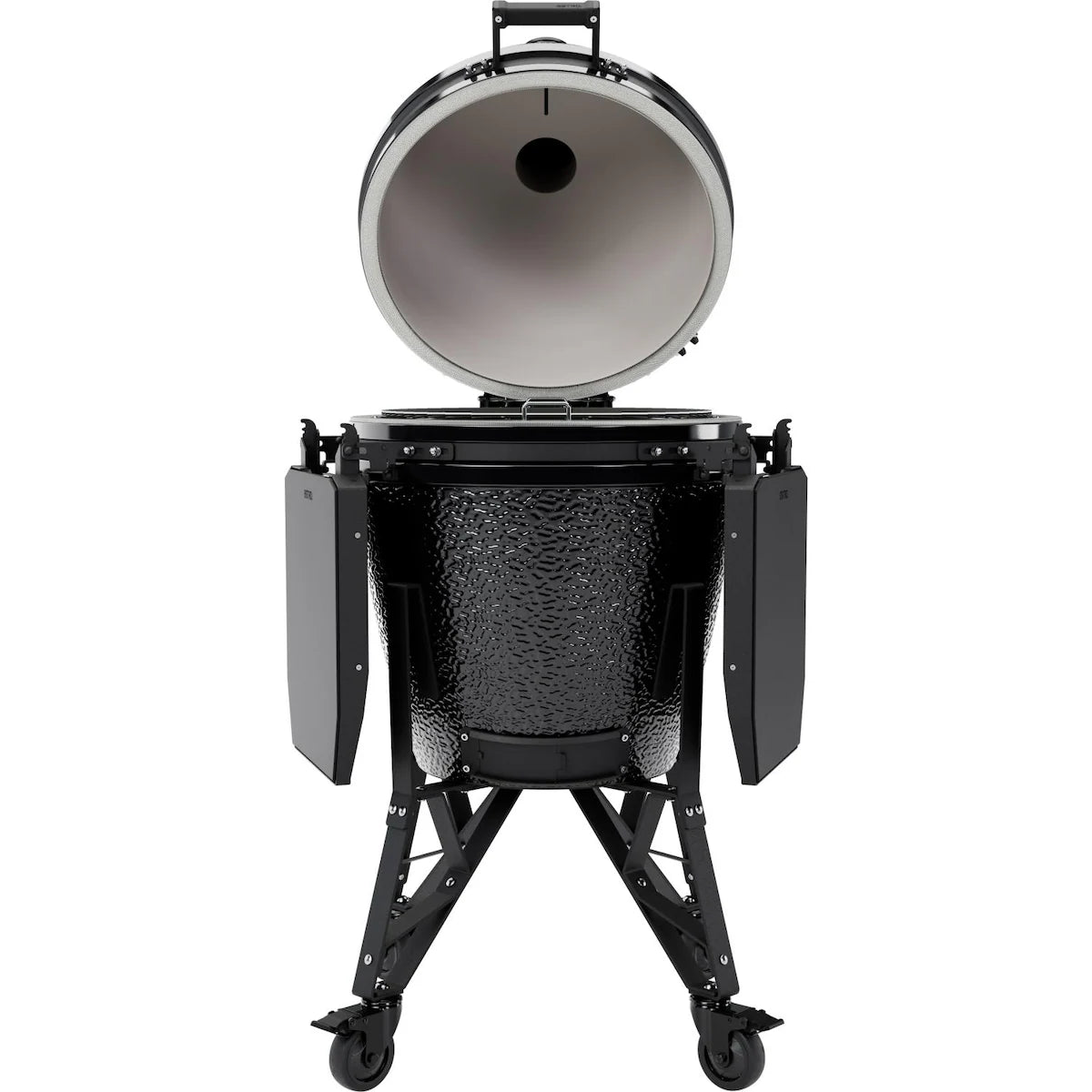 Black ceramic barbecue grill with open lid on a white background