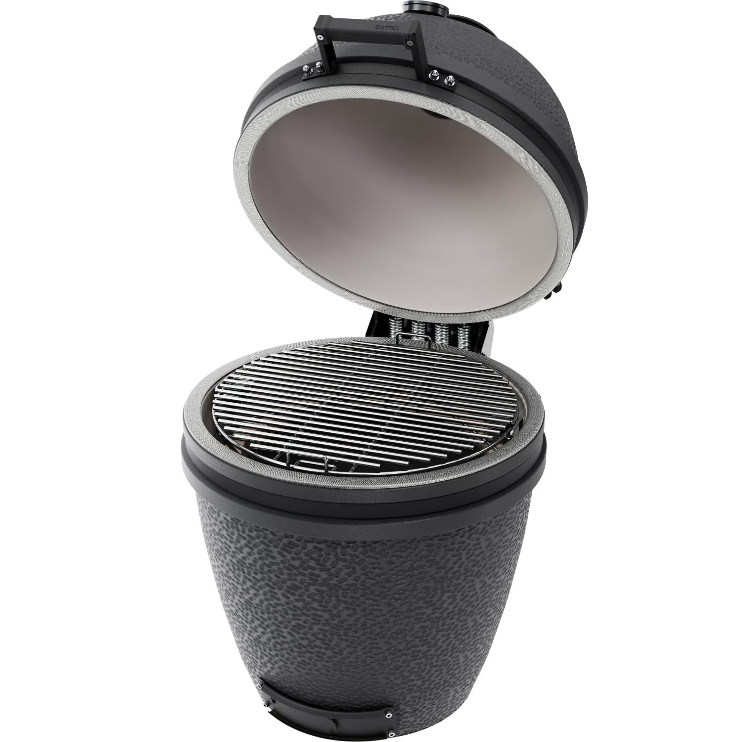 Portable grill with open lid on a white background