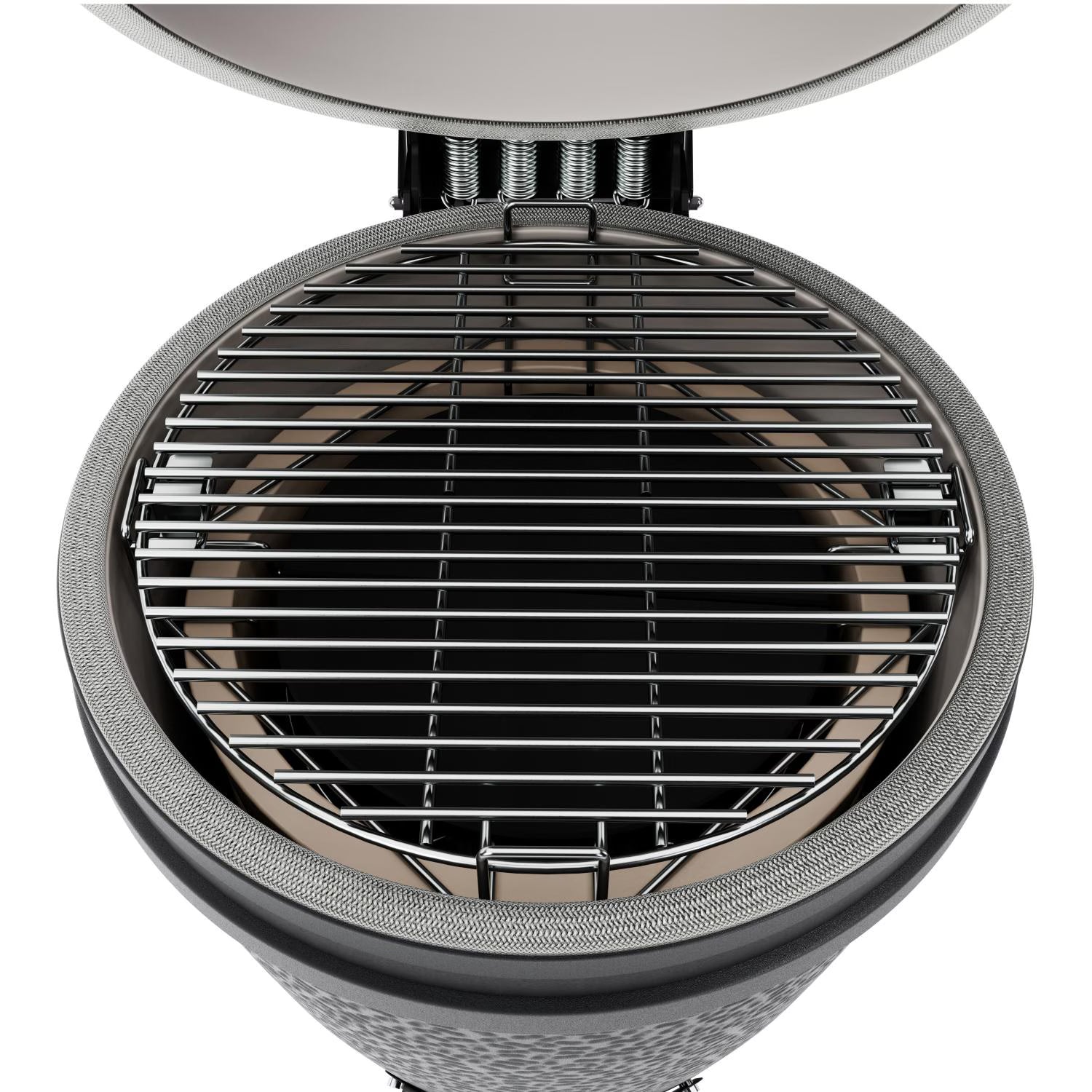 Close-up of a portable grill with a metallic finish on a white background