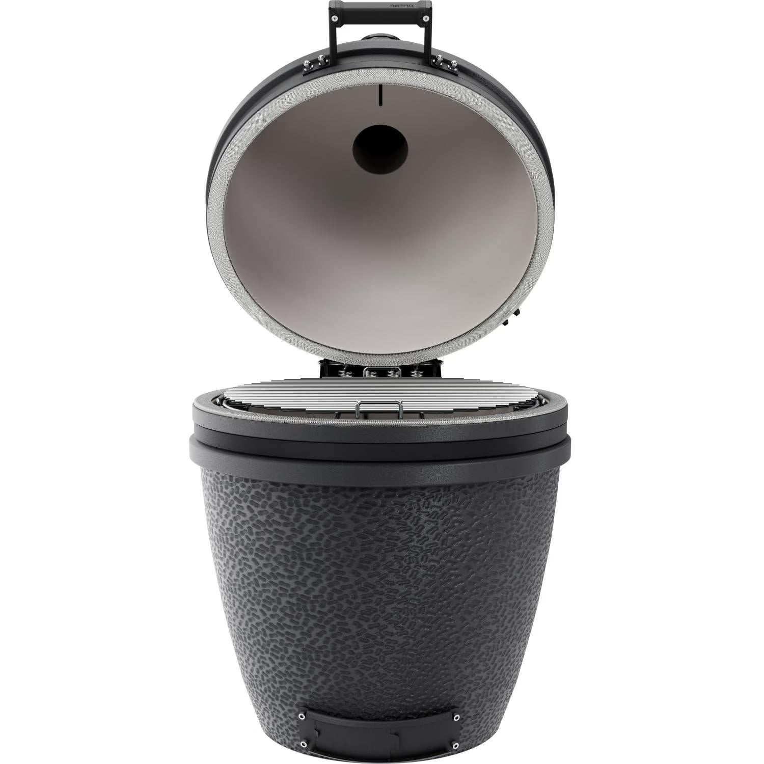 Black textured trash can with open lid on a white background