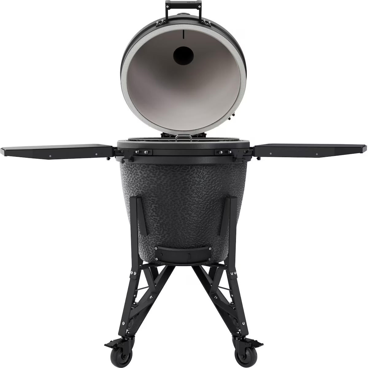 Black Kamado grill with open lid on a white background