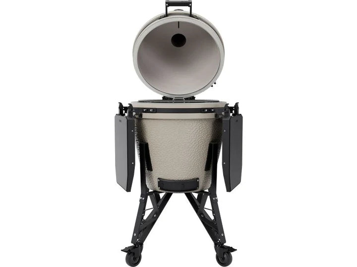 Ceramic barbecue grill with open lid on a white background