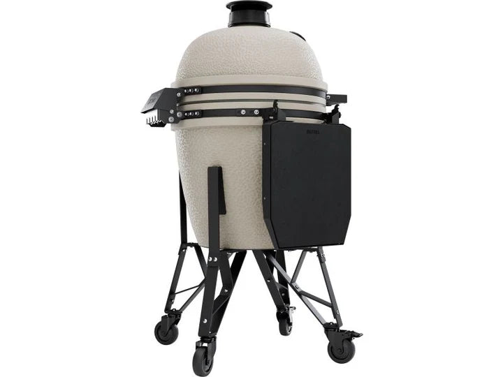 Ceramic barbecue grill with wheels on a white background
