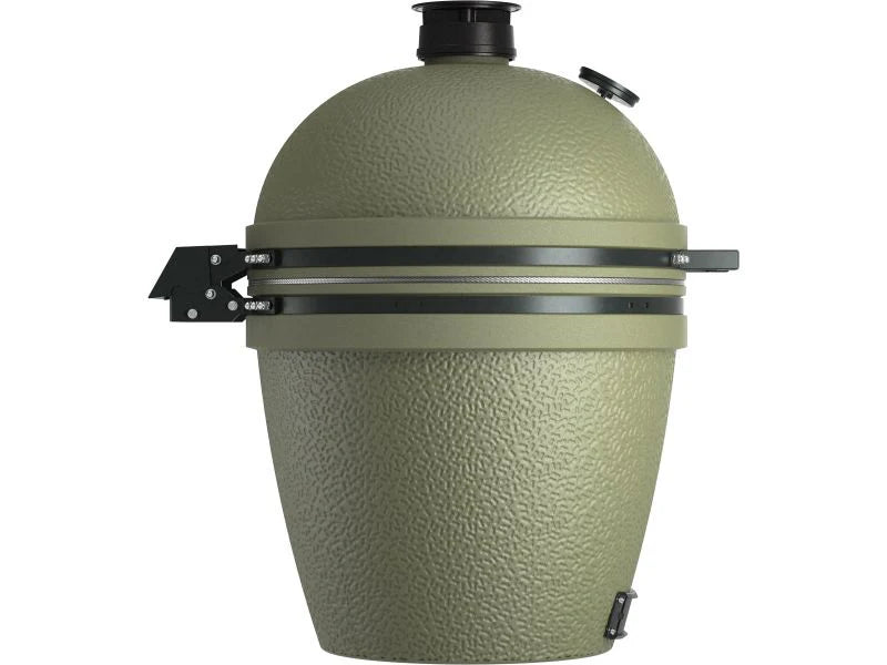Green ceramic kamado grill on a white background