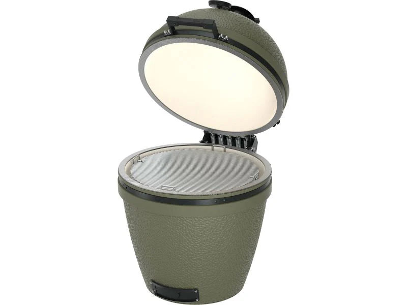Green ceramic grill with open lid on a white background
