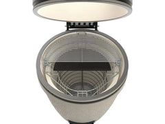 Round ceramic grill with open lid on a white background