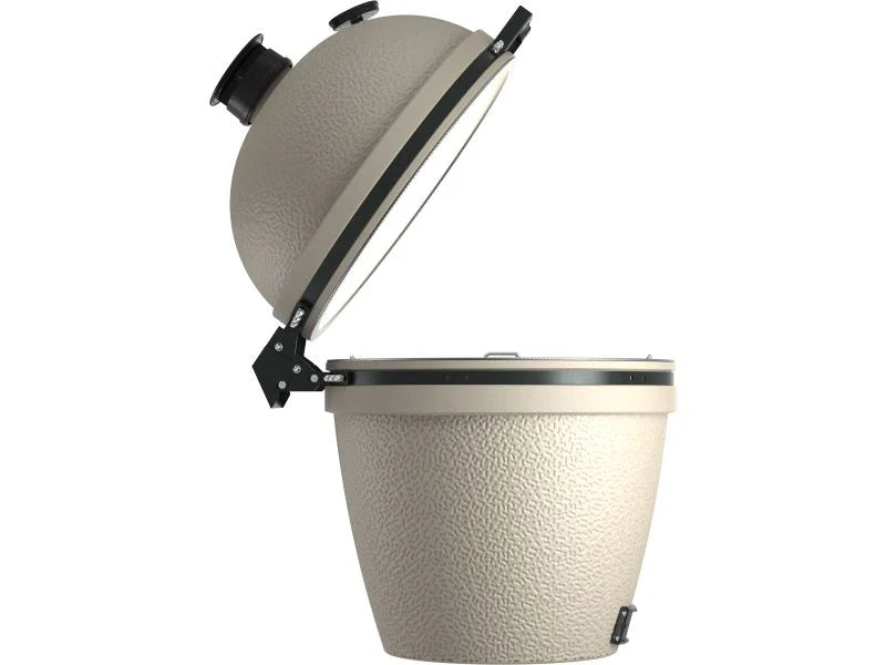 Textured beige grill with a black lid on a white background