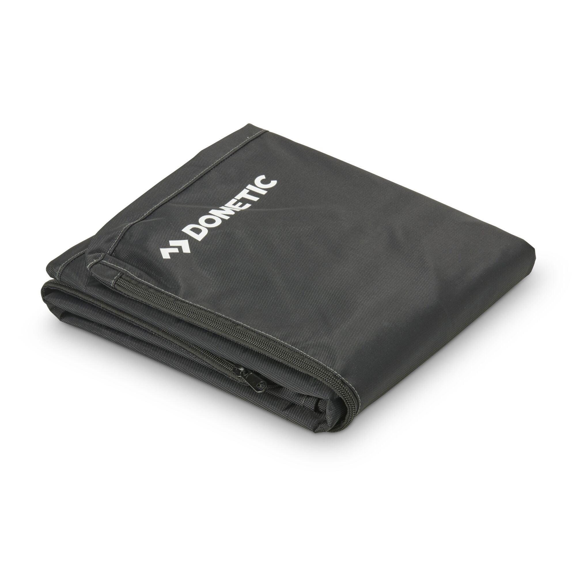 Folded black MOBAR Mobile Grill cover with Dometic logo on a white background